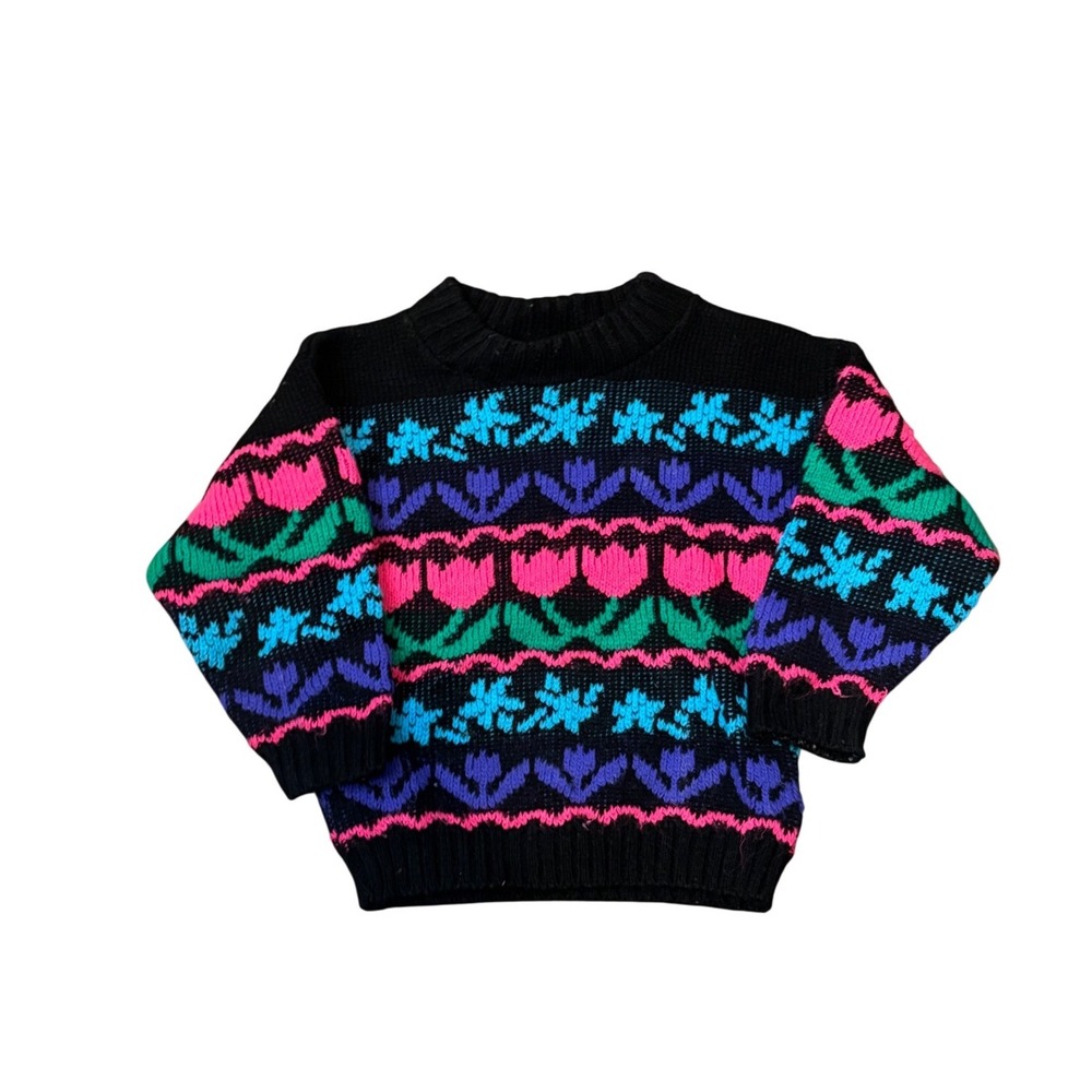 Kids Vintage Black Tulip Floral Fair Isle Knit‎ Sweater Multicolored Funky Retro